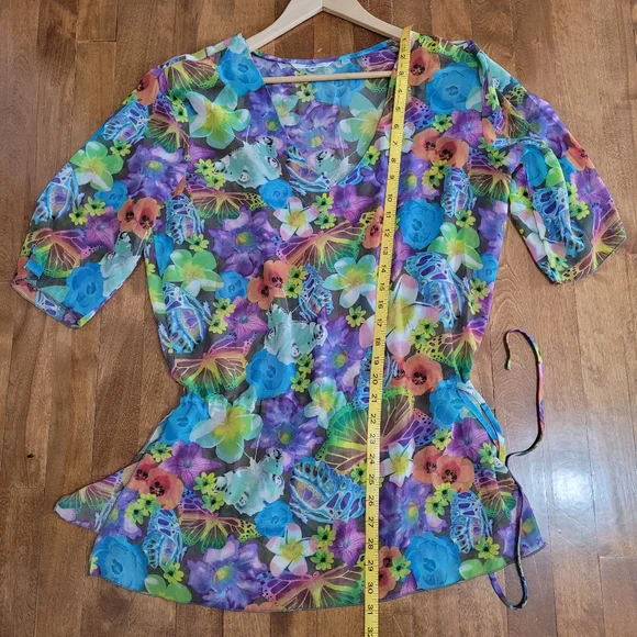 La Vie en Rose Aqua Floral Beach Coverup  Medium - Picture 11 of 11